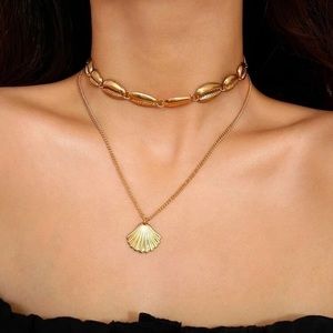 Beach SeaShell Cowrie Pendant Gold Choker Necklace